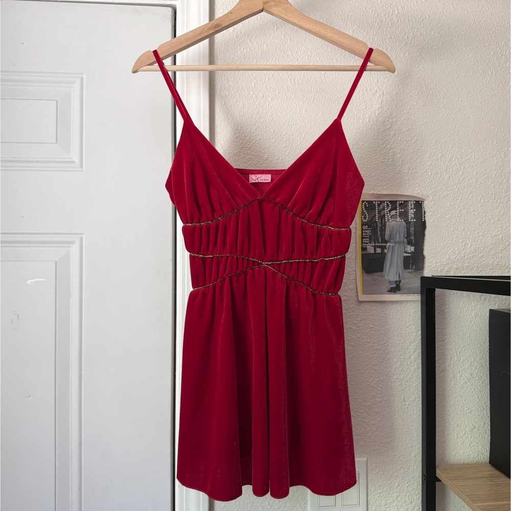 K SCION red y2k‎ 90's velvet velour knit gold ruched cinched waist cami tank top